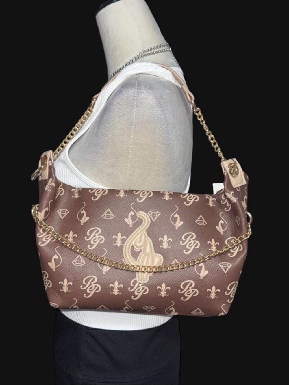 Baby Phat Brown Logo-Print Chain Shoulder Bag with Gold Accents